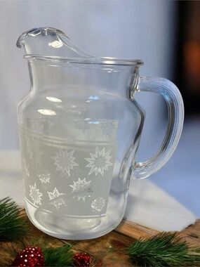 Vintage Federal Glass Snowflake Pitcher Frosted Atomic Starburst MC Holidays